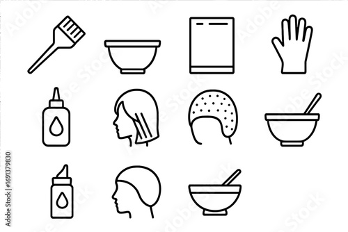 Hair Coloring Tools Icons. Outline icon set of Hair coloring: dye brush, color bowl, foils, gloves, hair toner