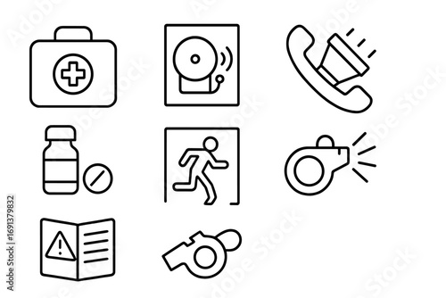 Emergency Icon Set. Outline icon set of Emergency preparedness: first aid kit, fire alarm, emergency phone,