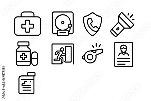 Emergency Icon Set. Outline icon set of Emergency preparedness: first aid kit, fire alarm, emergency phone,