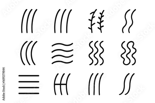 Hair Texture Icons. Outline icon set of Hair texture visualization: thick strands, thin strands, frizzy