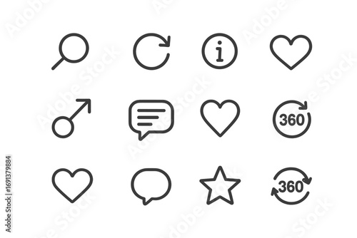 Interactive Icon Set. Outline icon set of Interactive features: zoom, rotate, info popup, like button, share