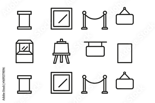 Exhibition Setup Icons. Outline icon set of Exhibition setup: pedestal, frame, rope barrier, signage, display
