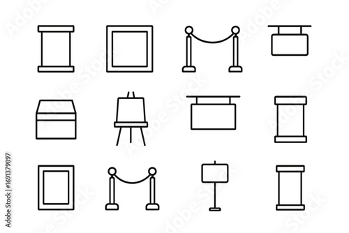 Exhibition Setup Icons. Outline icon set of Exhibition setup: pedestal, frame, rope barrier, signage, display