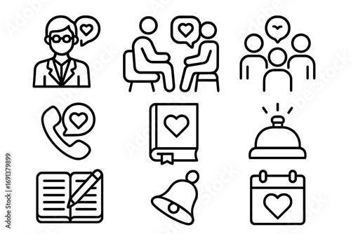 Mental Health Icon Set. Outline icon set of Mental health support: counselor, therapy session, support group,