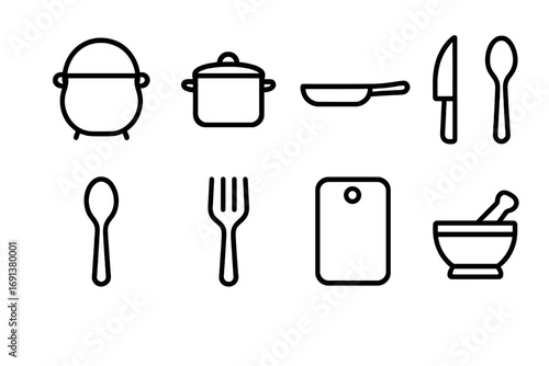 Evolution of Cooking Utensils. Outline icon set of Evolution of cooking utensils: cauldron, pot, skillet,