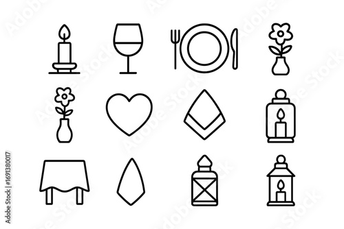 Candlelit Dinner Icons. Outline icon set of Candlelit intimate dinner: candle, wine glass, plate with fork and