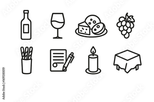 Elegant Wine Icons. Outline icon set of Elegant wine tasting dinner: wine bottle, wine glass, cheese platter,