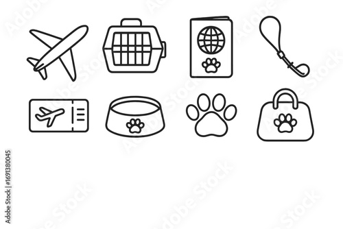 Pet Travel Icons. Outline icon set of Air travel with pets: airplane, pet carrier, passport, leash, boarding