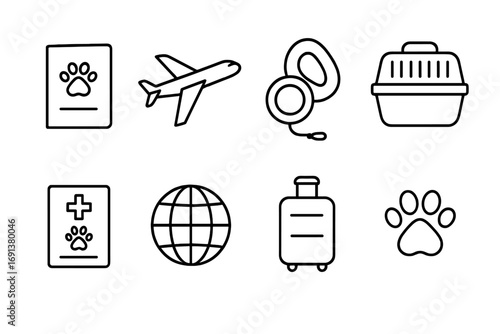 International Pet Travel Icons. Outline icon set of International pet travel: passport, airplane, leash,