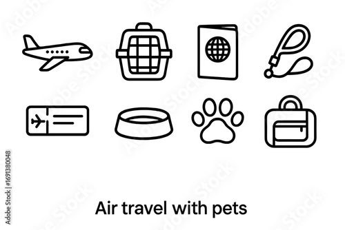 Pet Travel Icons. Outline icon set of Air travel with pets: airplane, pet carrier, passport, leash, boarding