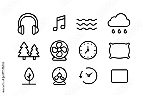 Sleep Sounds Icons. Outline icon set of Relaxing sounds for sleep: headphones, music notes, ocean waves, rain,