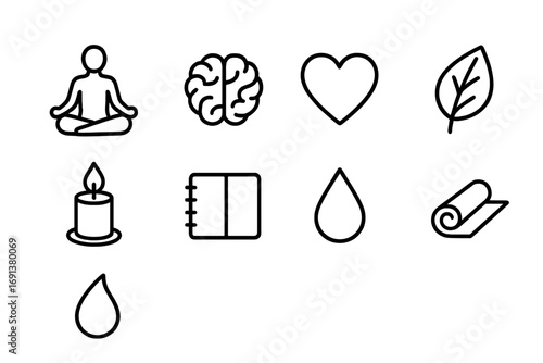Mindfulness Icon Set. Outline icon set of Mindfulness and mental health: meditation pose, brain, heart, leaf,
