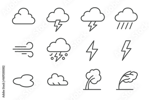 Thunderstorm Icon Set. Outline icon set of Thunderstorms: cumulonimbus cloud, lightning, heavy rain, wind gust