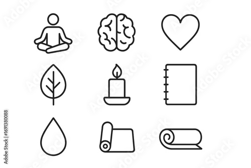 Mindfulness Icon Set. Outline icon set of Mindfulness and mental health: meditation pose, brain, heart, leaf,
