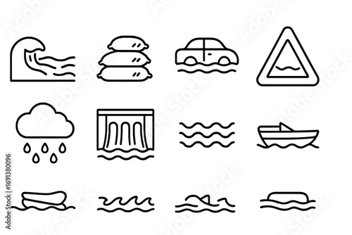Flood Preparedness Icons. Outline icon set of Floods: overflowing river, sandbag, submerged car, warning sign,