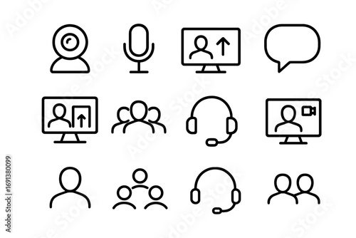 Virtual Meeting Icons. Outline icon set of Virtual meetings: webcam, microphone, screen sharing, chat bubble,
