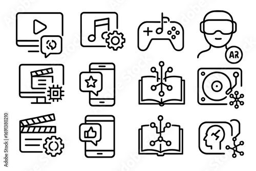 AI Entertainment Icons. Outline icon set of AI in entertainment: streaming suggestions, music playlist