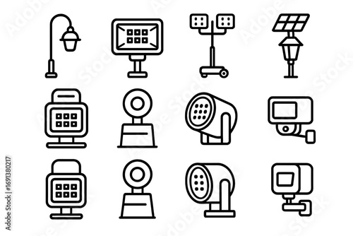 Outdoor Lighting Icons. Outline icon set of Outdoor construction lighting: street lamp, floodlight, tower