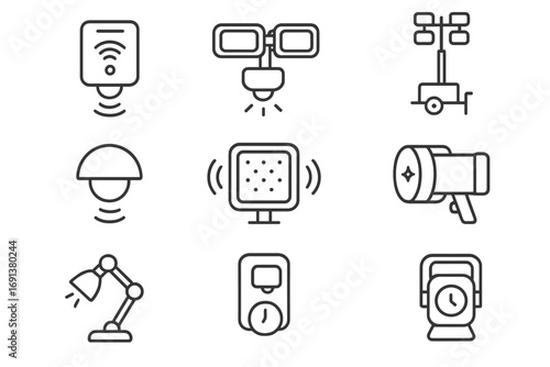 Innovative Lighting Icons. Outline icon set of Innovative site lighting technology: smart sensor light,