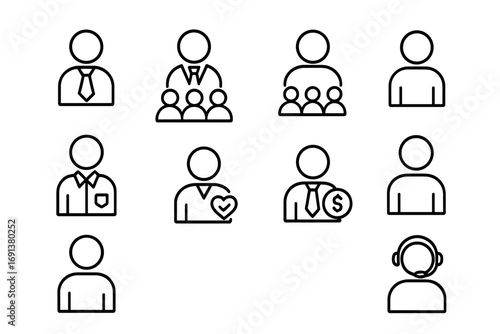 Office Roles Icons. Outline icon set of Office hierarchy and roles: CEO, manager, team lead, employee, intern,