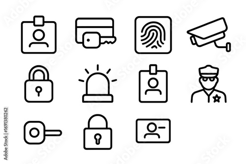 Office Security Icons. Outline icon set of Office security and access: ID card, keycard, fingerprint scanner,