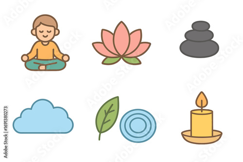 Mindfulness Icons for Kids. Flat vector mini-illustrations Mindfulness meditation in colors children's illustrations: lotus pose