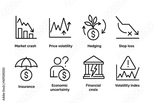 Risk and Volatility Icons. Outline icon set of Risk and volatility: market crash, price volatility, hedging,