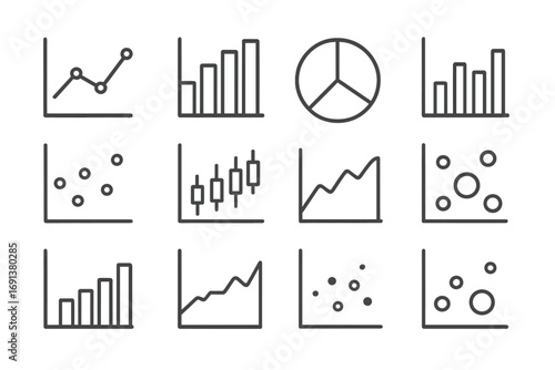 Financial Charts Icons. Outline icon set of Financial charts and graphs: line chart, bar chart, pie chart,