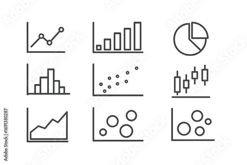 Financial Charts Icons. Outline icon set of Financial charts and graphs: line chart, bar chart, pie chart,