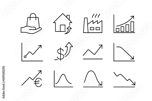 Economic Icons Grid. Outline icon set of Economic trends: consumer spending, housing market, industrial output