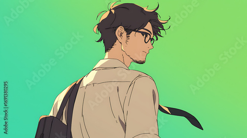 Back view of anime style office worker, with sky background