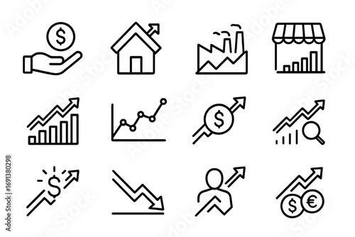 Economic Icons Grid. Outline icon set of Economic trends: consumer spending, housing market, industrial output