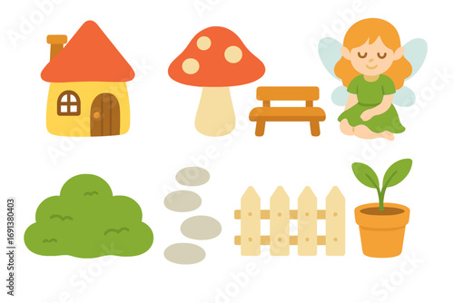 Miniature Fairy Garden Icons. Flat vector mini-illustrations Miniature fairy garden decor in colors children's illustrations: tiny