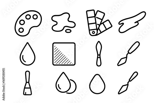Color Mixing Icons. Outline icon set of Color mixing process: mixing palette, color puddles, swatch chart,