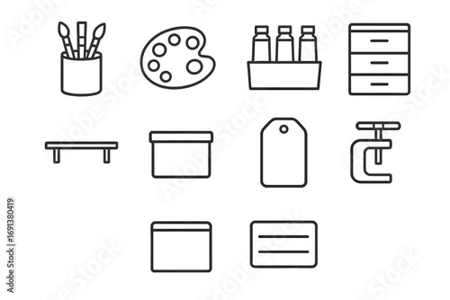Studio Tools Icon Set. Outline icon set of Studio organization: brush holder, palette tray, tube organizer,