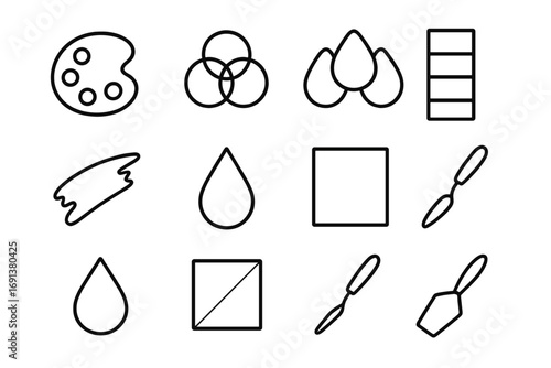 Color Mixing Icons. Outline icon set of Color mixing process: mixing palette, color puddles, swatch chart,