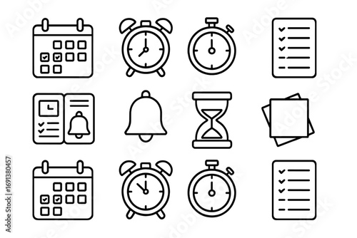 Time Management Icons. Outline icon set of Time management for side hustles: calendar, alarm clock, timer,
