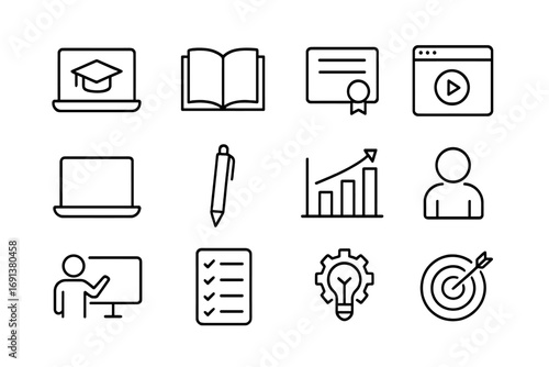 Skill Development Icons. Outline icon set of Skill development and learning: online course, book, certificate,