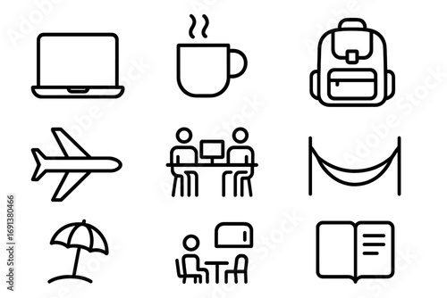 Remote Work Icons. Outline icon set of Work-from-anywhere lifestyle: laptop, coffee cup, backpack, airplane,