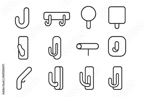 Minimalist Hook Icons. Outline icon set of minimalist wall hook decor: single hook, dual hook bar, round peg, square peg, bamboo