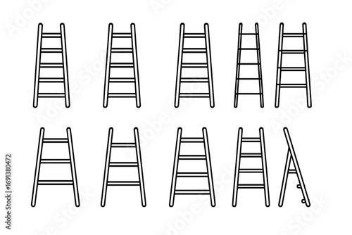 Minimalist Ladder Icons. Outline icon set of Minimalist ladder designs: plain wooden ladder, white painted ladder, black metal