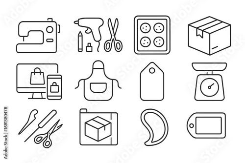 Home Gig Icons. Outline icon set of Home-based gigs: sewing machine, craft tools, baking tray, packaging box,