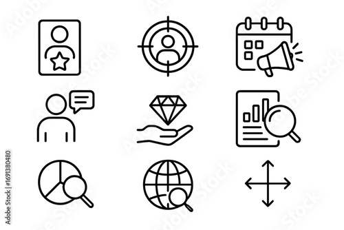 Personal Brand Icons. Outline icon set of Personal brand strategy: mission statement, target audience, content
