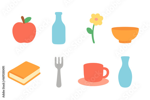 Minimalist Still Life Grid. Flat vector mini-illustrations Simple still life minimalism in colors children's illustrations: single