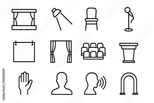 Monologue Performance Icons. Outline icon set of monologue performance settings: small stage, spotlight, single chair, microphone