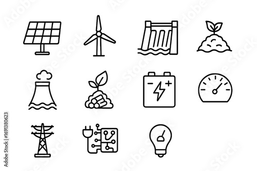 Renewable Energy Icons. Outline icon set of Renewable energy sources: solar panel, wind turbine, hydroelectric