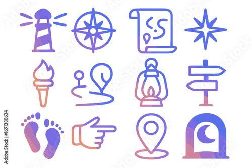 Moonlit Navigation Icons. Gradient icons set of moonlight navigation and guidance: lighthouse beam, compass rose, map scroll,