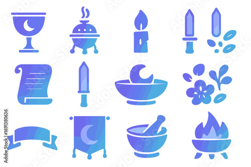 Moonlit Ritual Icons. Gradient icons set of moonlit ritual accessories: silver chalice, incense burner, candle flame, ritual