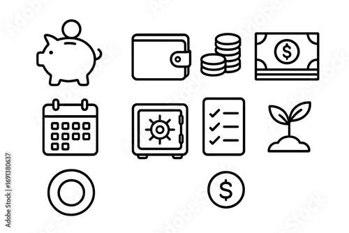 Financial Planning Icons. Outline icon set of Setting up an emergency savings fund: piggy bank, wallet, coins,