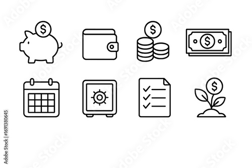 Financial Planning Icons. Outline icon set of Setting up an emergency savings fund: piggy bank, wallet, coins,